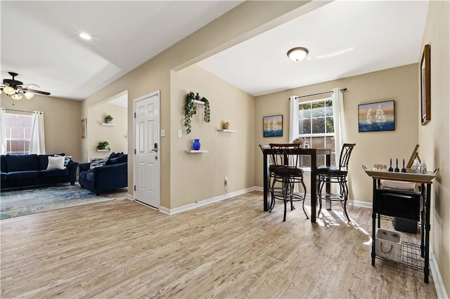 dining space with ceiling fan and light hardwood / wood-style floors