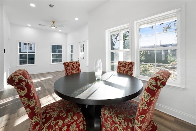 dining area with a wealth of natural light, ceiling fan, and dark wood-type flooring