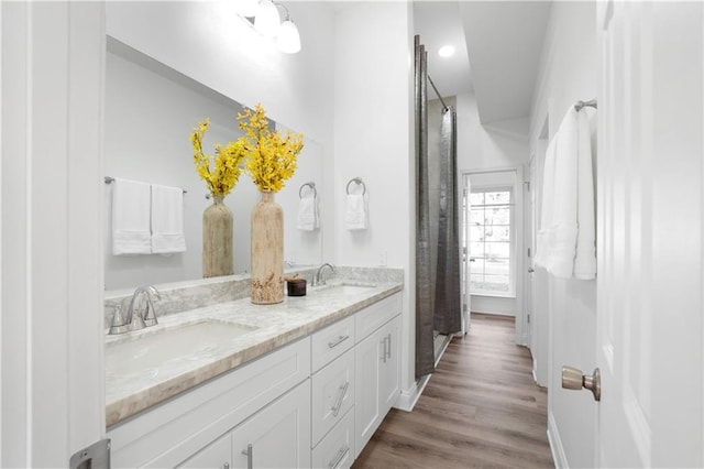 bathroom with wood-type flooring and vanity