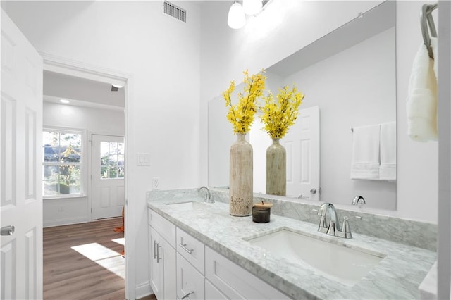 bathroom with hardwood / wood-style floors and vanity