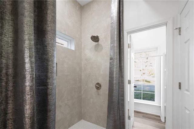 bathroom with wood-type flooring and walk in shower