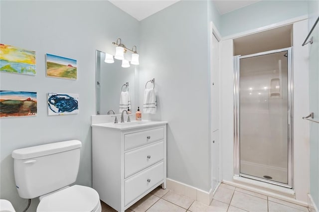 bathroom featuring tile patterned floors, vanity, an enclosed shower, and toilet