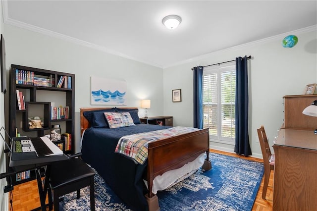 bedroom featuring parquet floors and crown molding