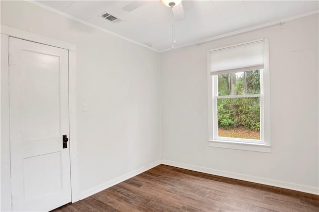 2014 Bakers Ln, Mobile, AL 36605 - empty room with visible vents, ornamental molding, a ceiling fan, wood finished floors, and baseboards