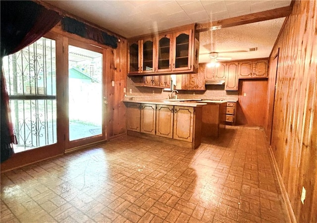 kitchen featuring plenty of natural light, wooden walls, ceiling fan, and kitchen peninsula