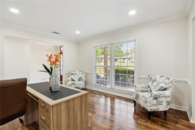 office area featuring dark hardwood / wood-style flooring and crown molding