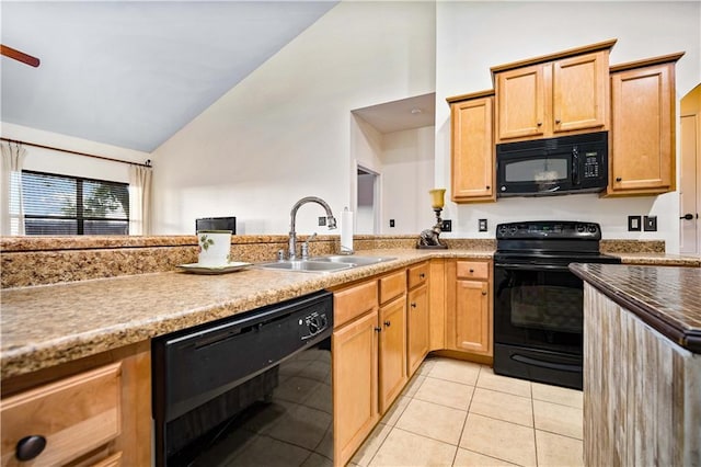 kitchen with black appliances, light tile patterned floors, sink, and high vaulted ceiling