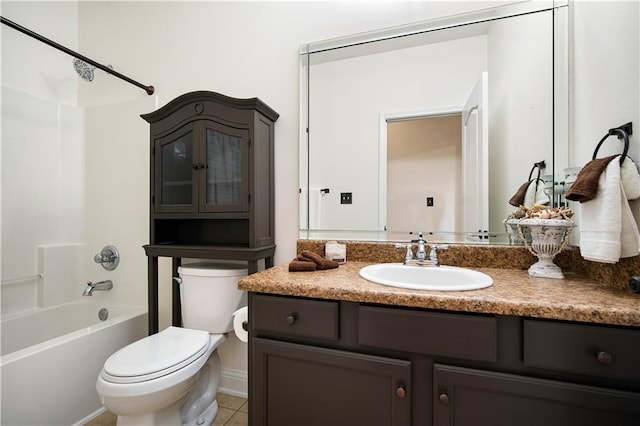 full bathroom with shower / washtub combination, tile patterned flooring, vanity, and toilet