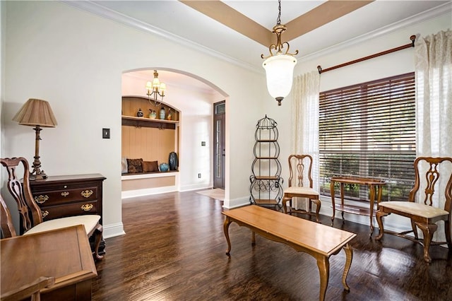 sitting room with a raised ceiling, ornamental molding, and dark wood-type flooring