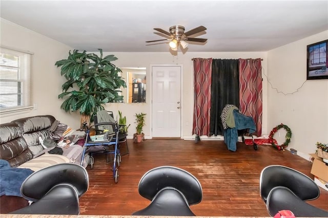 workout room featuring wood finished floors and ceiling fan