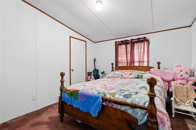 carpeted bedroom with crown molding, vaulted ceiling, and a textured ceiling