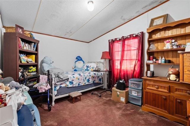 bedroom featuring dark carpet, crown molding, vaulted ceiling, and a textured ceiling