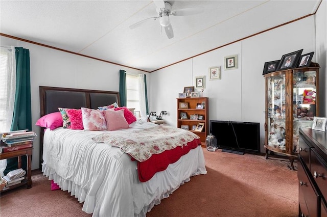 carpeted bedroom with ceiling fan and ornamental molding