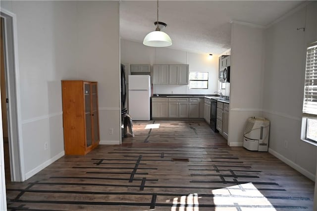 kitchen with white refrigerator, dark hardwood / wood-style floors, and lofted ceiling