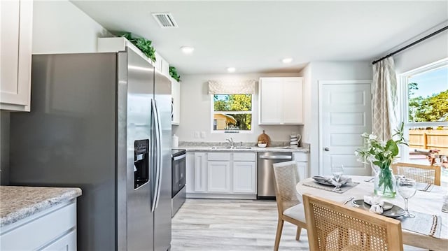 kitchen featuring white cabinets, appliances with stainless steel finishes, light stone counters, and sink