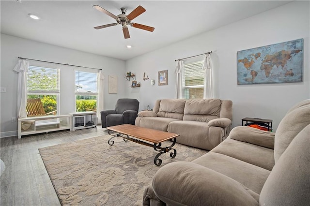 24341 Alydar Loop, Daphne, AL 36526 - living room with healthy amount of natural light, a ceiling fan, wood finished floors, recessed lighting, and baseboards