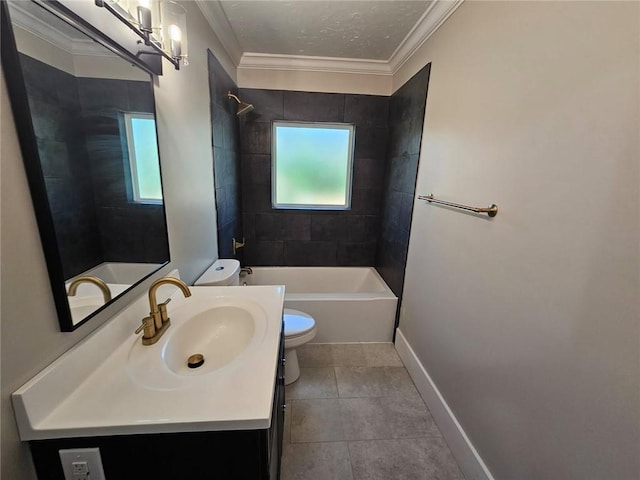 bathroom with tile patterned floors, toilet,  shower combination, baseboards, and ornamental molding