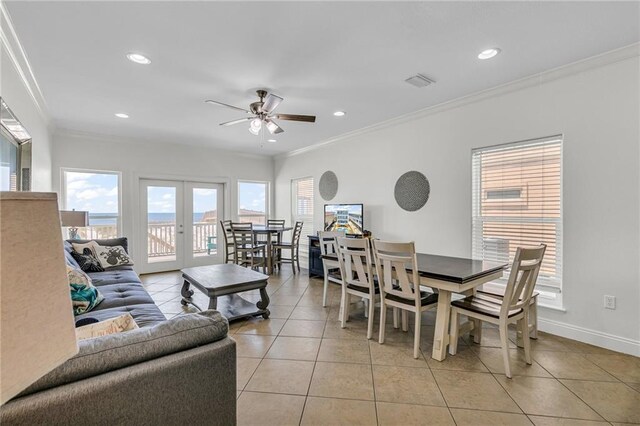 1385 Beach Blvd W, Gulf Shores, AL 36542 - living room featuring french doors, ornamental molding, ceiling fan, and light tile floors
