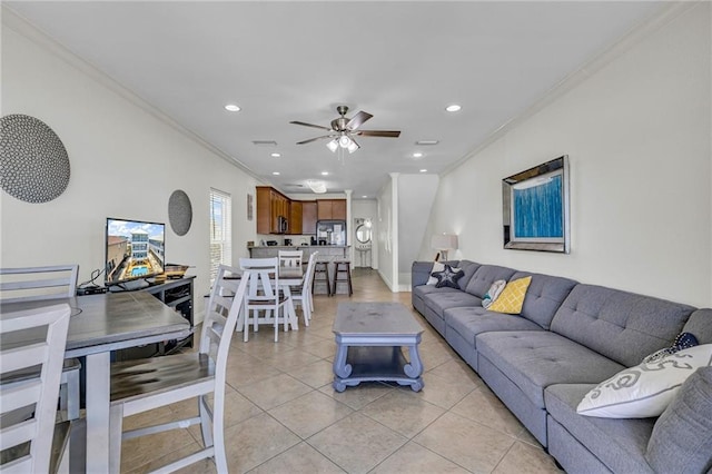 1385 Beach Blvd W, Gulf Shores, AL 36542 - living room featuring crown molding, light tile flooring, and ceiling fan
