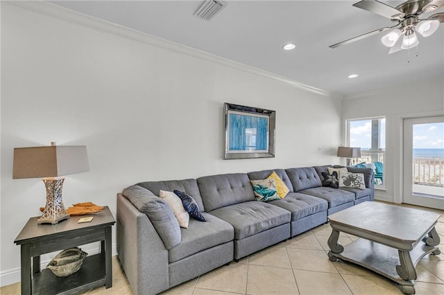 1385 Beach Blvd W, Gulf Shores, AL 36542 - living room featuring crown molding, light tile flooring, and ceiling fan