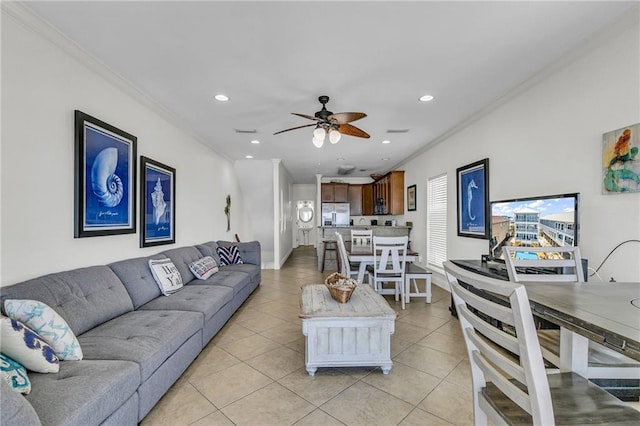 1385 Beach Blvd W, Gulf Shores, AL 36542 - tiled living room featuring crown molding and ceiling fan