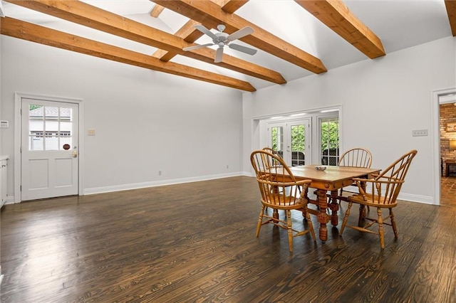 dining room featuring lofted ceiling with beams, ceiling fan, french doors, and dark wood-type flooring