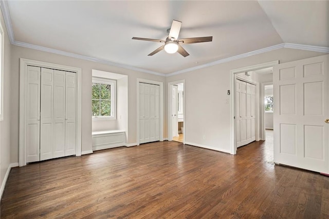 unfurnished bedroom with lofted ceiling, ceiling fan, ornamental molding, dark hardwood / wood-style flooring, and multiple closets