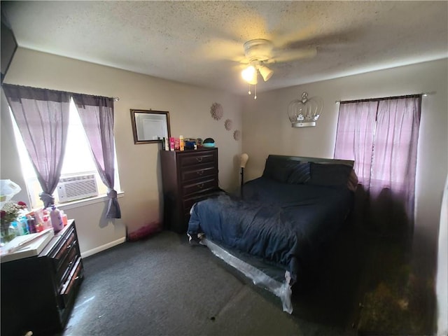 carpeted bedroom featuring a textured ceiling, cooling unit, and a ceiling fan