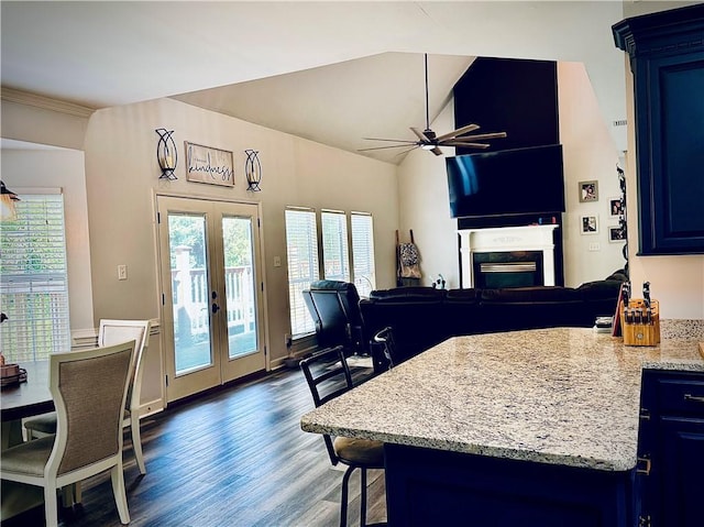 2200 Orourke Dr, Mobile, AL 36695 - kitchen featuring blue cabinets, french doors, dark wood-style floors, and a ceiling fan