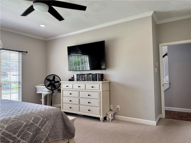 2200 Orourke Dr, Mobile, AL 36695 - bedroom featuring baseboards, crown molding, recessed lighting, carpet floors, and ceiling fan