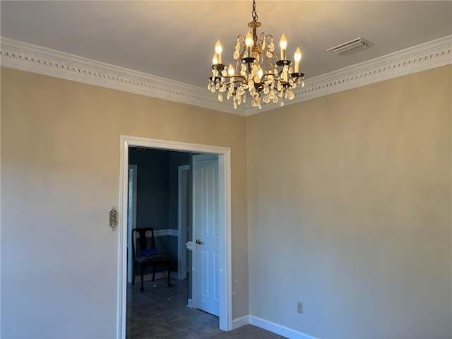 empty room featuring ornamental molding, baseboards, a chandelier, and visible vents