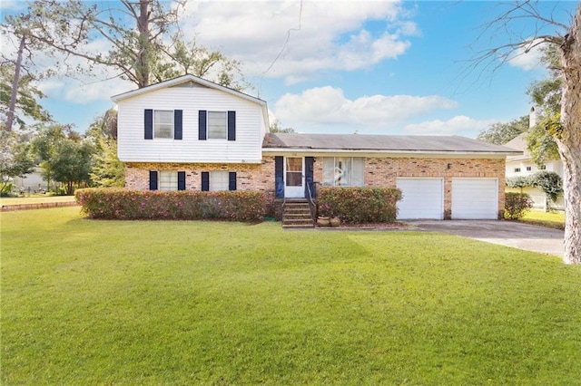 tri-level home featuring a garage and a front lawn