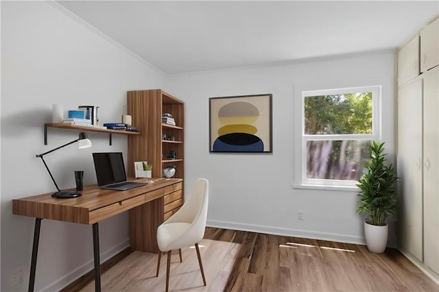 office space featuring baseboards, ornamental molding, and wood finished floors