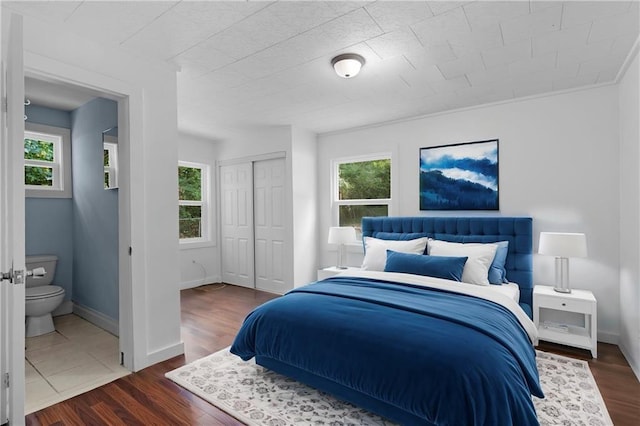 bedroom featuring a closet, wood finished floors, and multiple windows
