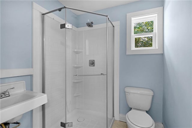 bathroom with a sink, toilet, and a shower stall