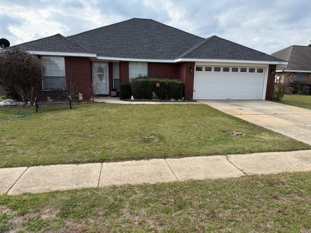 single story home with an attached garage, a front lawn, concrete driveway, and roof with shingles