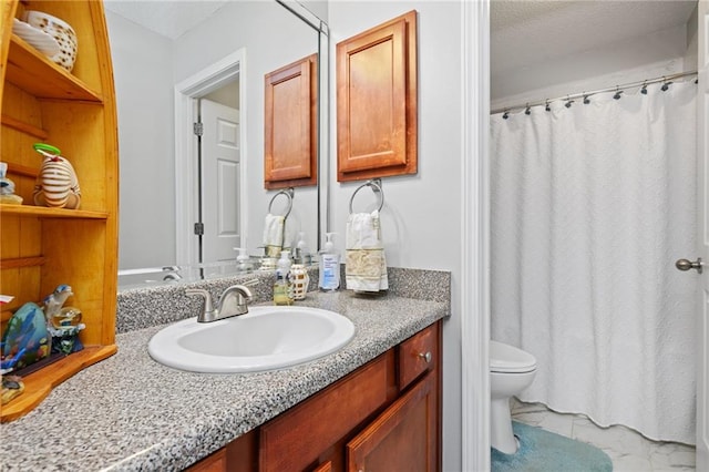 bathroom featuring toilet, a shower with shower curtain, and vanity