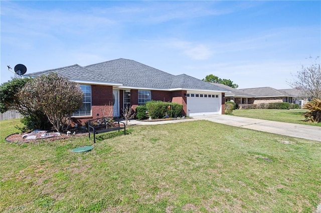 ranch-style home with an attached garage, driveway, a shingled roof, and a front yard