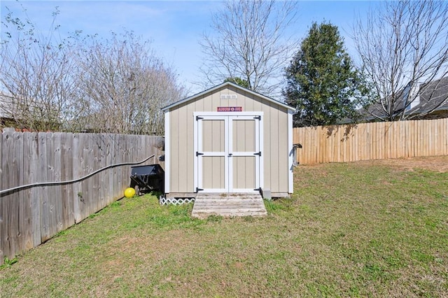 view of shed featuring a fenced backyard