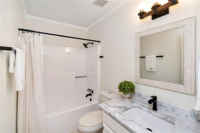 bathroom with crown molding, toilet, shower / tub combo with curtain, and vanity