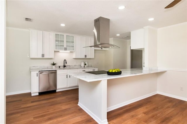 kitchen featuring dishwasher, island exhaust hood, a sink, a peninsula, and light stone countertops