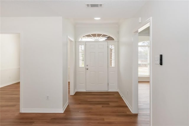 entrance foyer featuring visible vents, baseboards, and wood finished floors