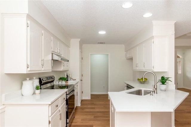 kitchen with light wood-style flooring, a peninsula, electric stove, white cabinetry, and a sink