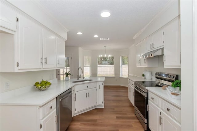 kitchen with visible vents, under cabinet range hood, a sink, stainless steel appliances, and white cabinets