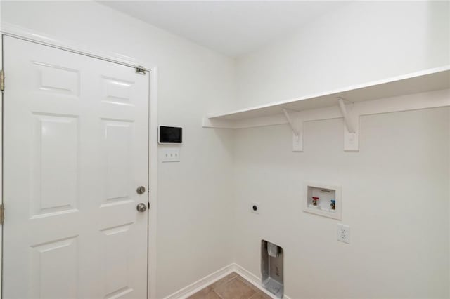 washroom with baseboards, light tile patterned floors, laundry area, hookup for a washing machine, and electric dryer hookup