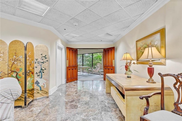 100 Tower Dr Unit 704, Daphne, AL 36526 - corridor with light marble finish flooring, crown molding, and a paneled ceiling