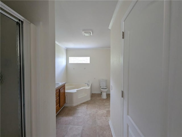 6960 March Pointe Ct, Theodore, AL 36582 - full bath with crown molding, a garden tub, a shower stall, and vanity