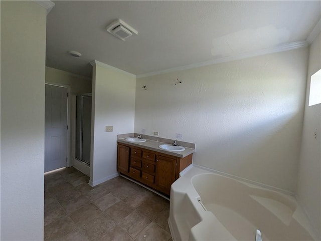 6960 March Pointe Ct, Theodore, AL 36582 - full bathroom featuring a bath, a shower stall, crown molding, and double vanity