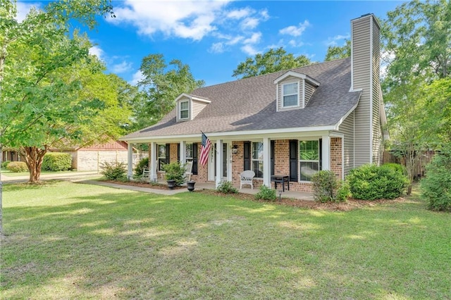 new england style home with a front lawn, fence, a chimney, and brick siding