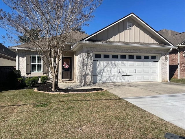 single story home featuring an attached garage, brick siding, driveway, board and batten siding, and a front yard